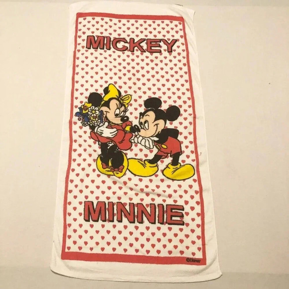 Vintage Disney Mickey Minnie Mouse Towel Hearts 51 x 24  Flaws - Picture 1 of 16